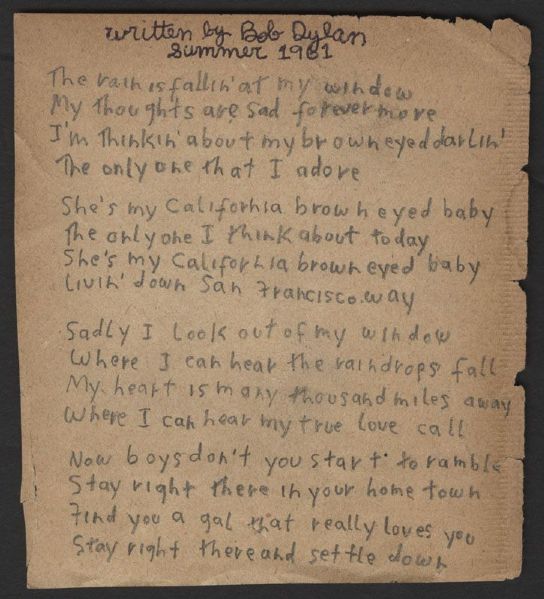 Bob Dylan Original Handwritten Lyrics for "California Brown Eyed Baby"